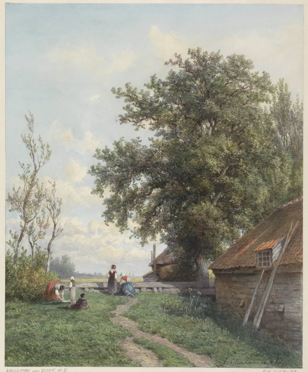 Sağda bir ahır ve büyük bir ağaç üzerinde bazı figürler ile Çiftlik by Hendrik Dirk Kruseman van Elten