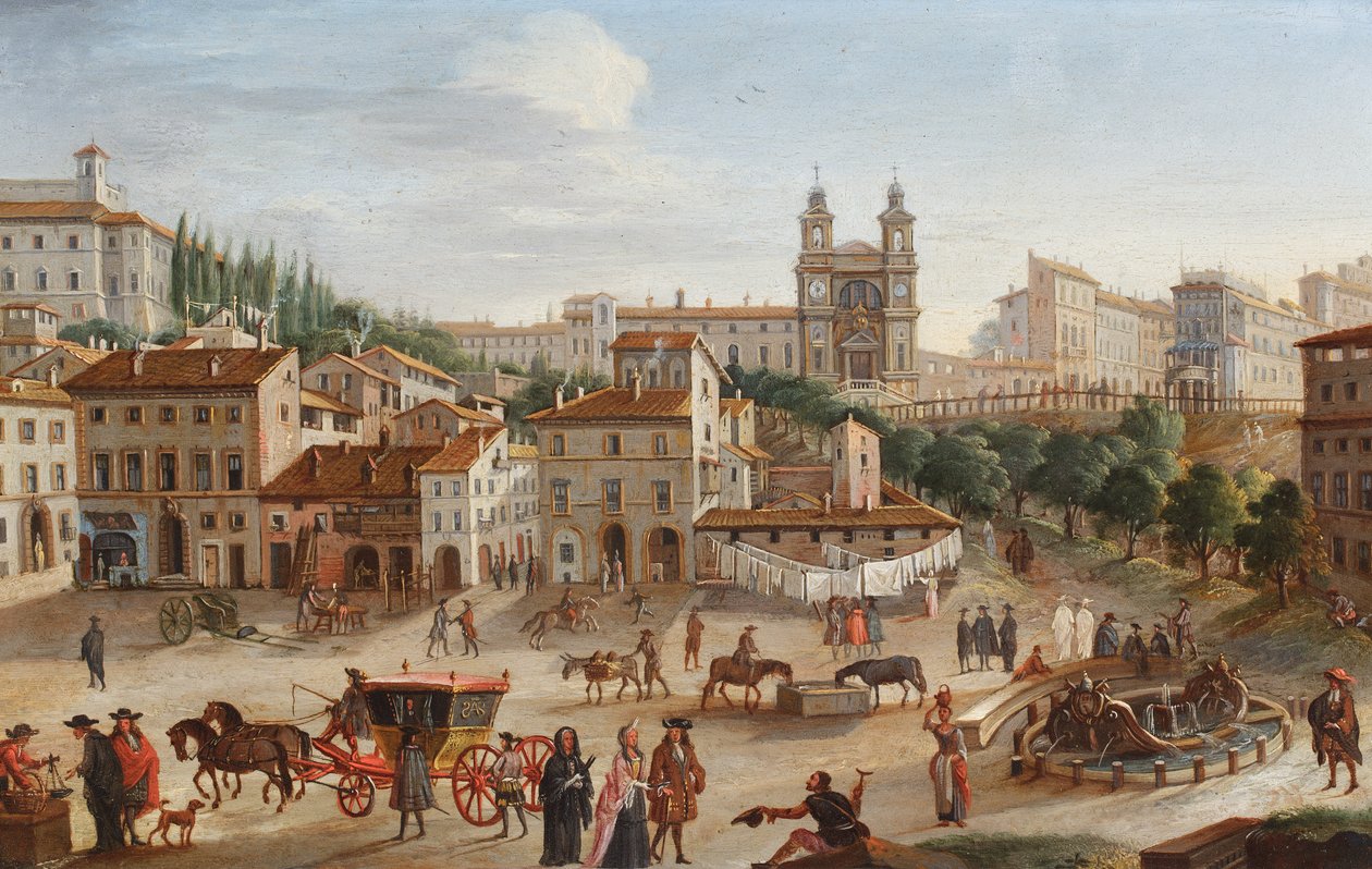 Roma, Santa Trinita dei Monti ve Piazza di Spagna (bakır üzerine yağlıboya) by Hendrik Frans van called lo Studio (circle of) Lint