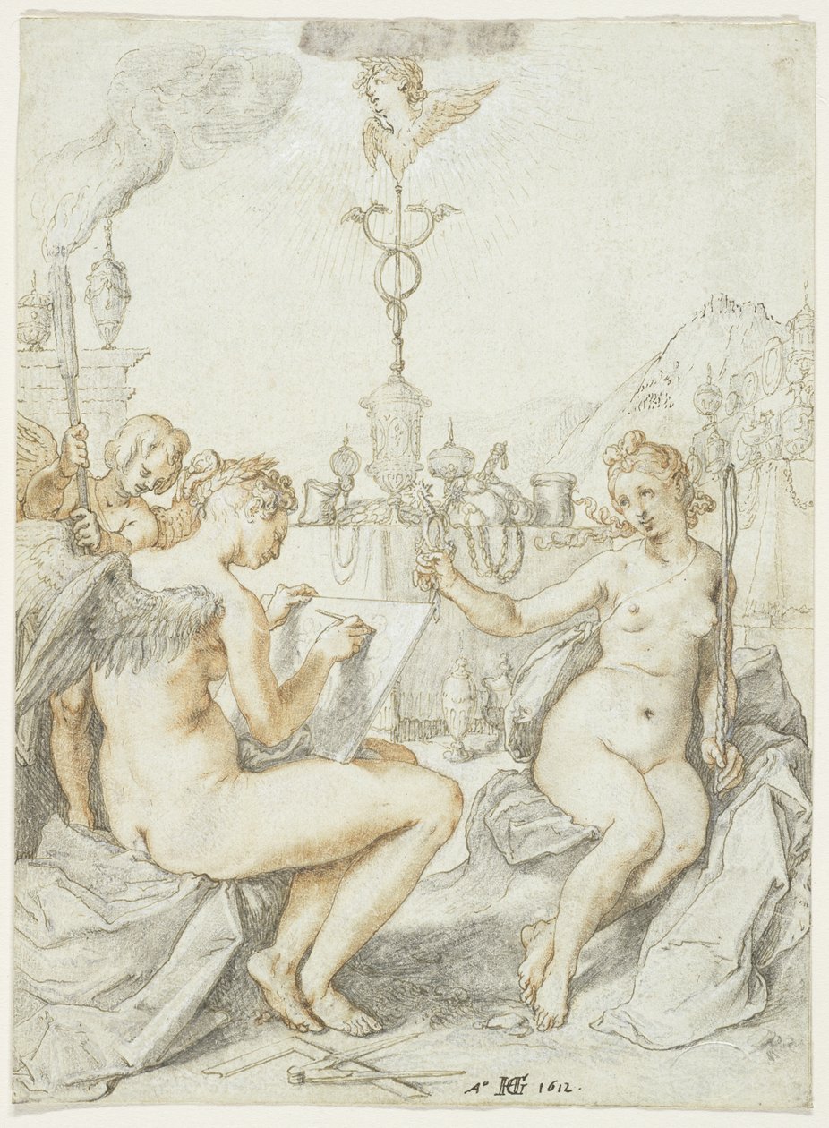 Sanatçı Amblemi ile Çizim Sanatı Üzerine Alegori, 1612 (kağıt üzerine mürekkep, tebeşir ve guaj) by Hendrik Goltzius