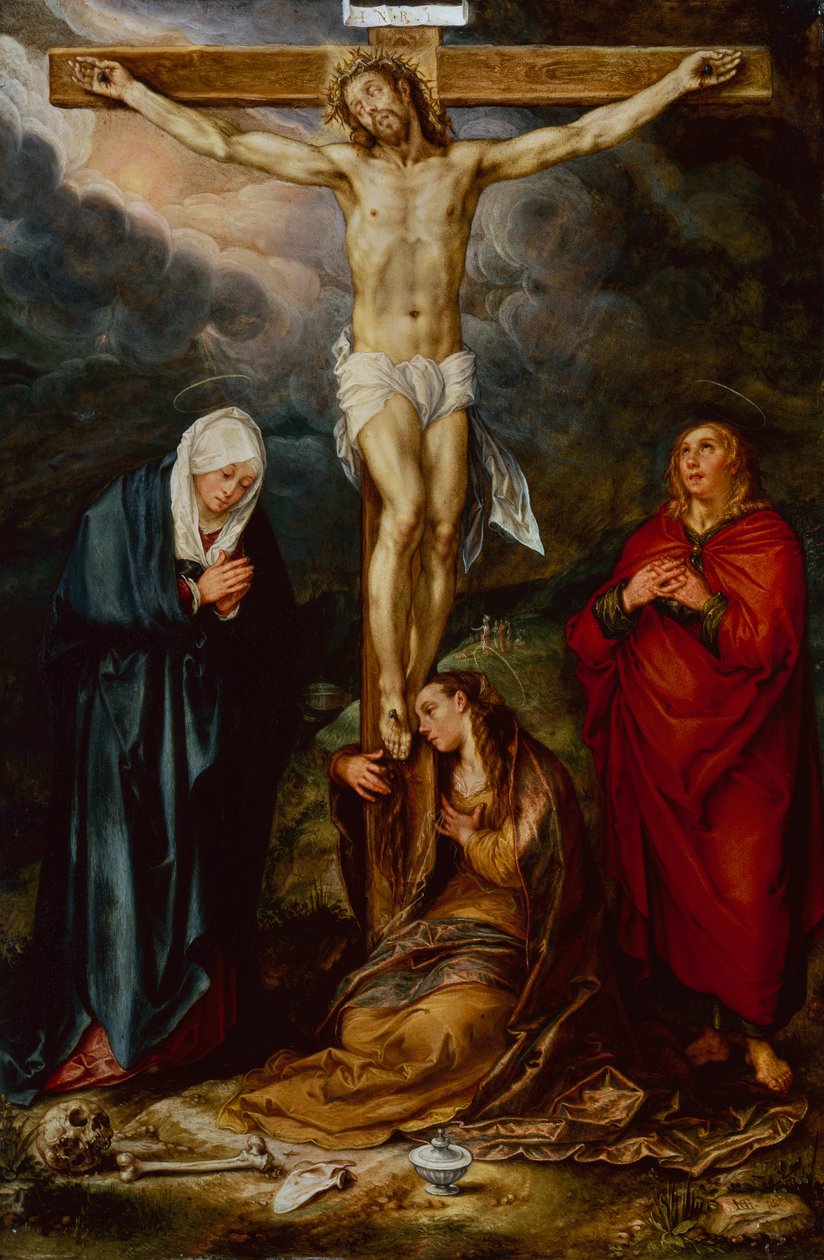 Çarmıhta İsa, Meryem, St.John ve Magdalene ile (bakır üzerine yağ) by Hendrik Goltzius