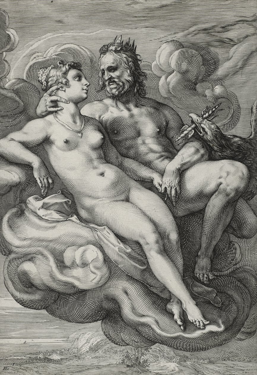 Jüpiter ve Juno, c.1593-94 (döşemiş kağıt üzerine gravür) by Hendrik Goltzius