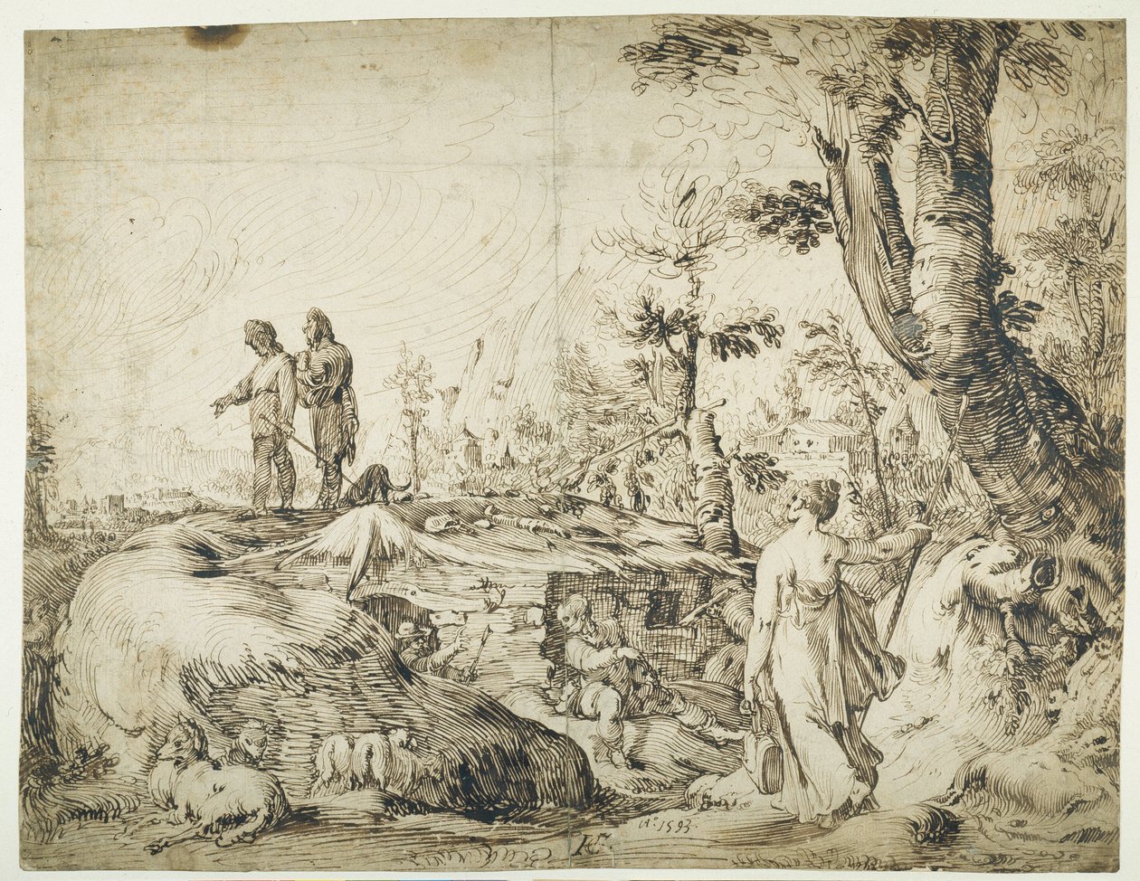 Bir kulübenin yanında köylülerle manzara by Hendrik Goltzius