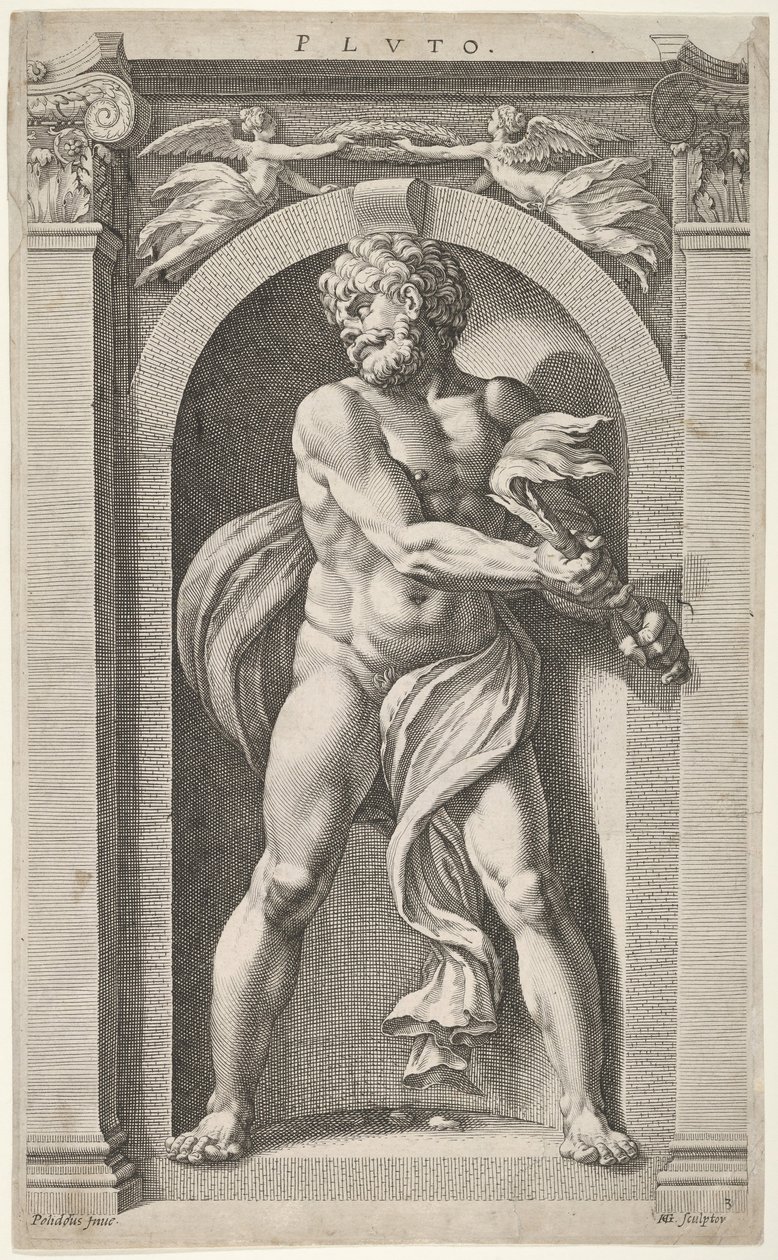Plüton, bir figür, dört kafa ve bir sütunun tersi çizimleri üzerinde, 1592. by Hendrik Goltzius