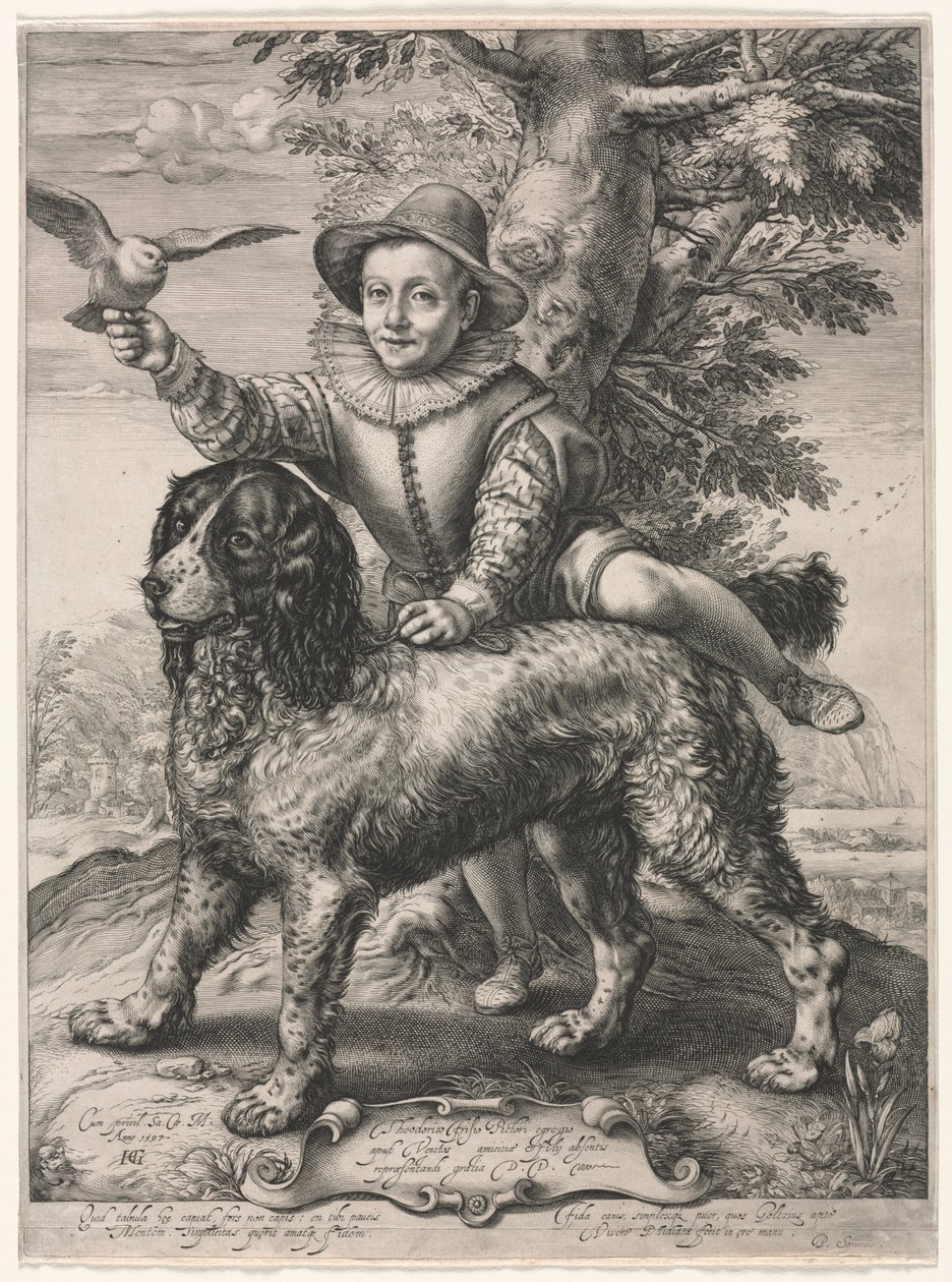 Frederick de Vries ve Köpeğinin Portresi, 1597. by Hendrik Goltzius