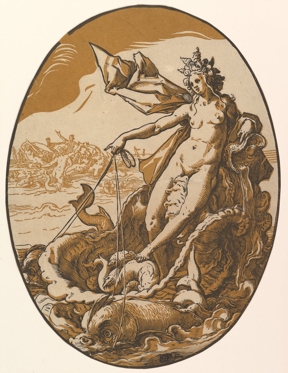 Tethys, iki deniz canlısı tarafından çekilen dev bir deniz kabuğu arabasında uzanıyor, 1588-90. by Hendrik Goltzius