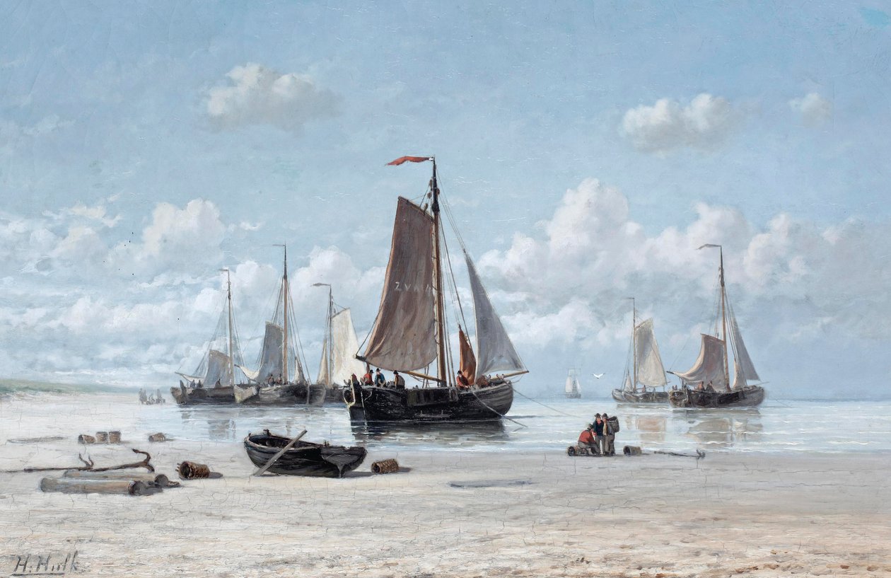 Sahilde balıkçı tekneleri, Zandvoort (tuval üzerine yağlı boya) by Hendrik Hulk