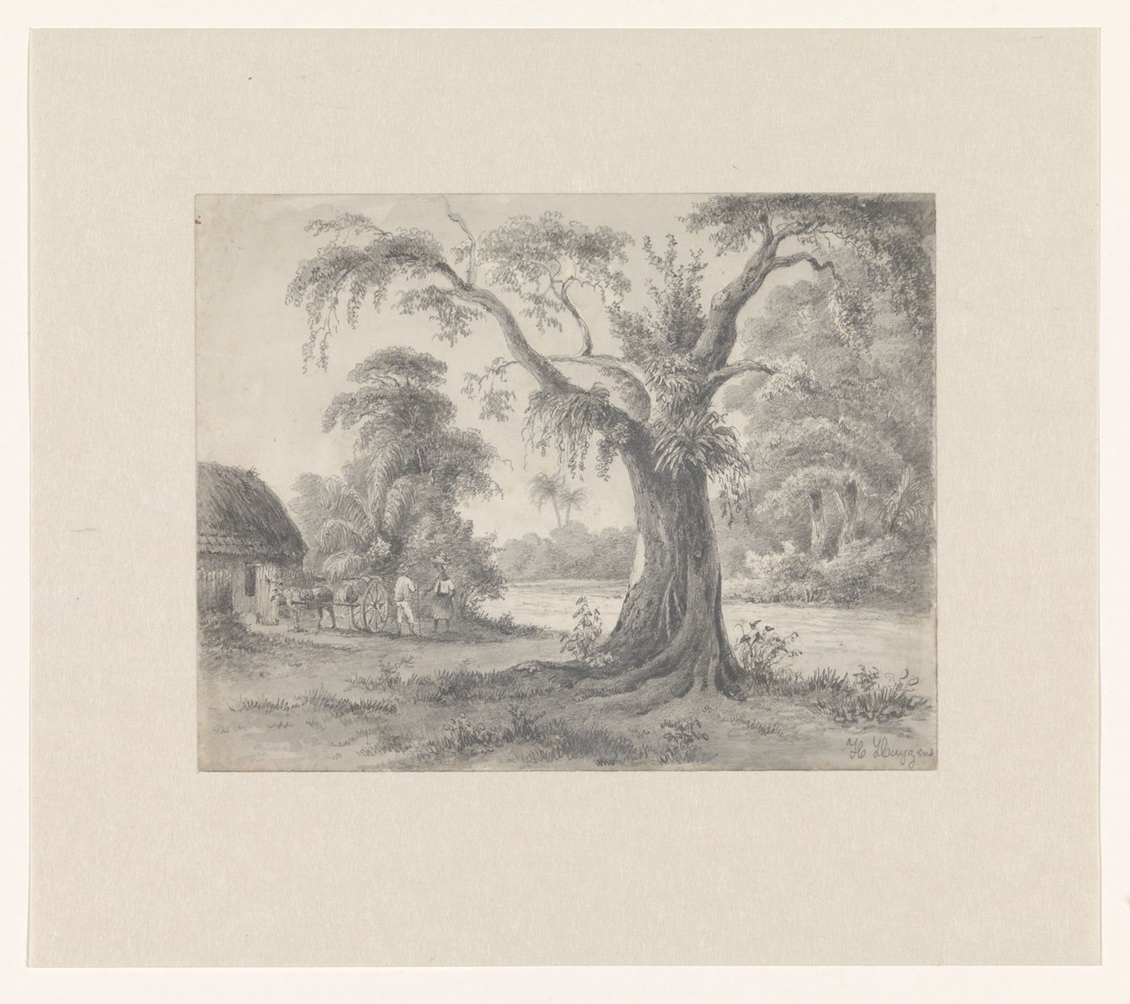 Bir ağaç ve kulübe ile bir at ve araba ve iki figür ile manzara by Hendrik Huygens (signed by artist)
