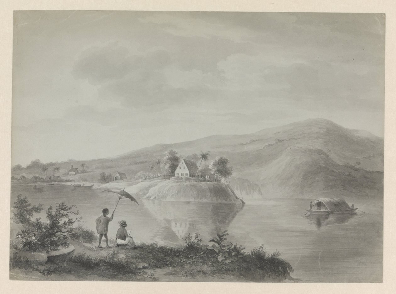 Bazı evlerin olduğu bir nehir manzarası, muhtemelen Berg en Dal by Hendrik Huygens