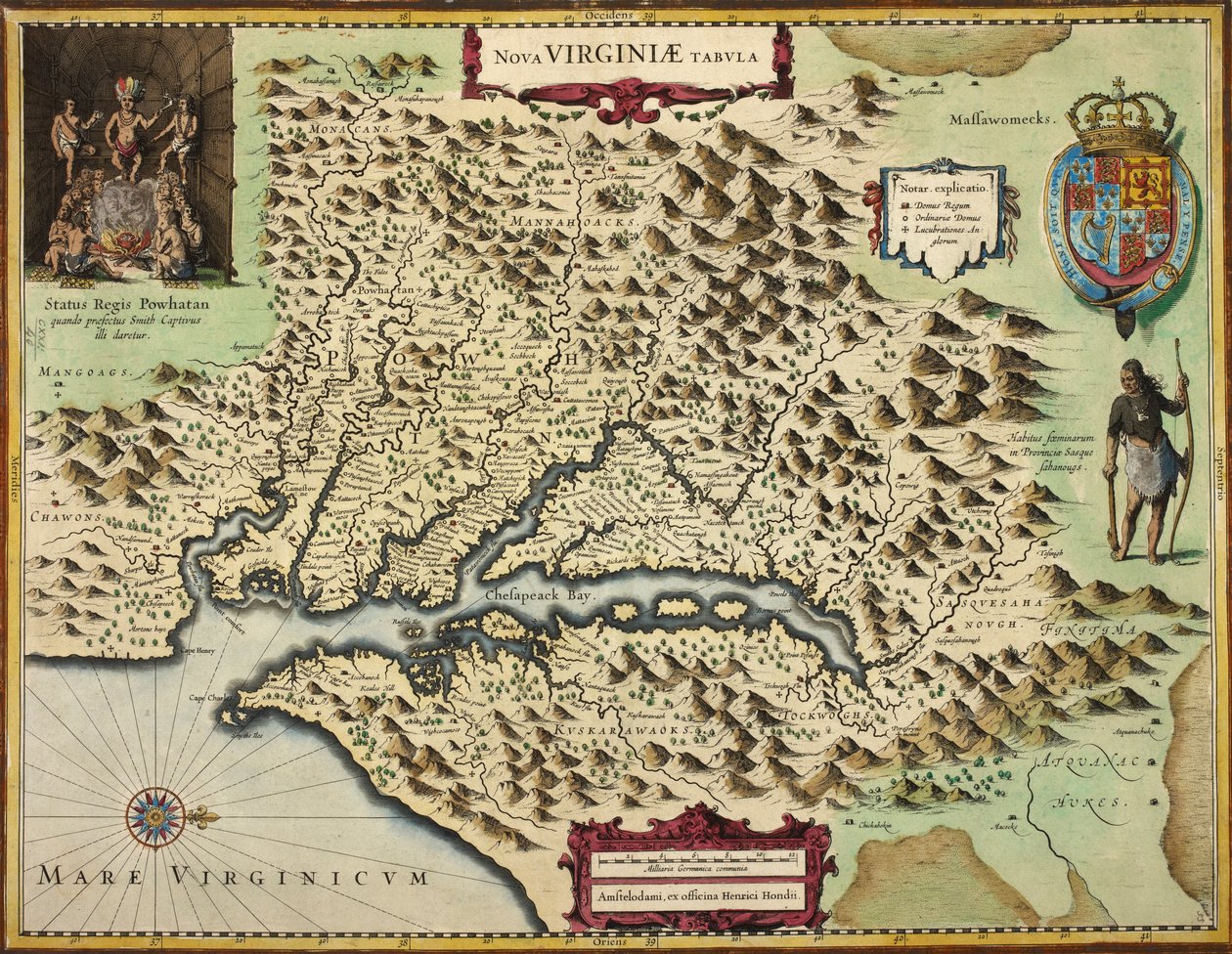 Virginia haritası (el renkli gravür) by Hendrik I Hondius