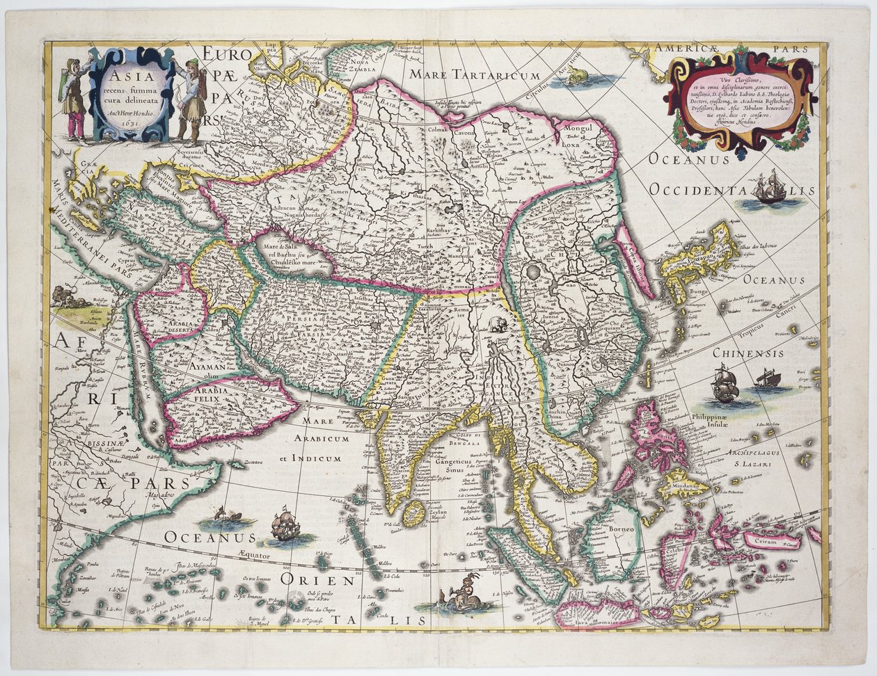 Arabistan, Japonya, Kore yarımadası ve Endonezya takımadalarının büyük bölümünü içeren genel harita, 1631 (renkli gravür) by Hendrik I Hondius