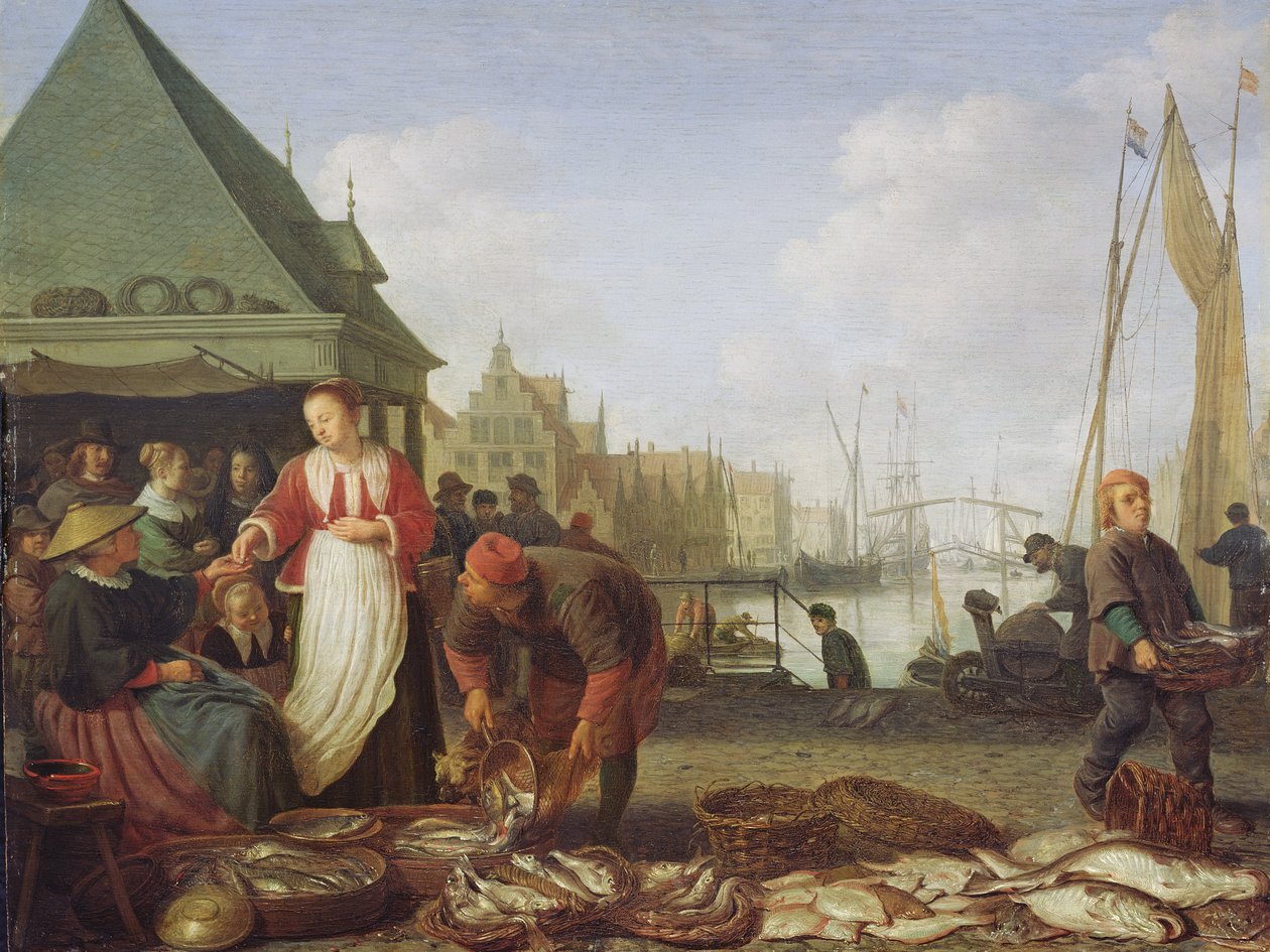Rotterdam Balık Pazarı (meşe panel üzerinde yağ) by Hendrik Martensz Sorgh