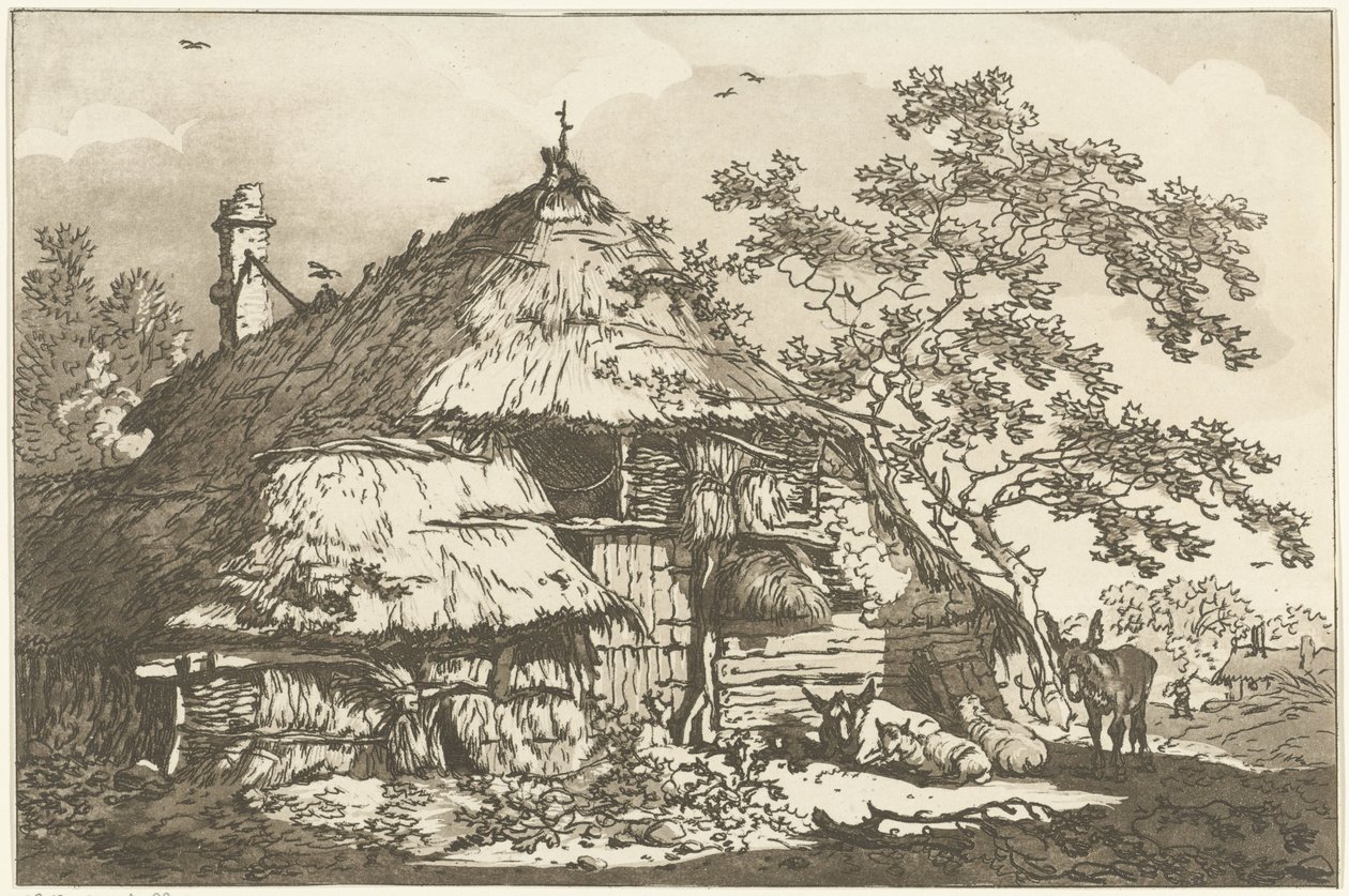 Bahçede bir inek, iki koyun ve bir eşek ile çiftlik Peyzaj Çizmeyi Öğrenenlerin Kullanımı İçin Hesaplanan On İki Tasarım (seri başlığı) by Hendrik Meijer