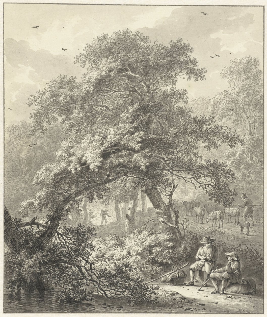 Bir ağacın altında dinlenen gezginlerle orman manzarası by Hendrik Meijer