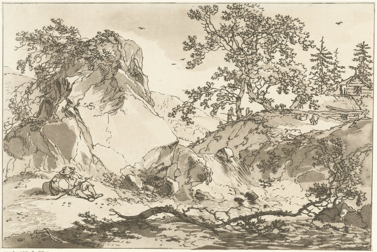 Heuvelachtig landschap bir araya geldi een rustende adam Peyzaj Çizmeyi Öğrenenlerin Kullanımı İçin Hesaplanan On İki Tasarım (seri başlığı) by Hendrik Meijer