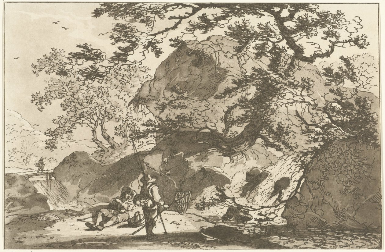 Landschap bir araya geldi een visser en een rustende adam Peyzaj Çizmeyi Öğrenenlerin Kullanımı İçin Hesaplanan On İki Tasarım (seri başlığı) by Hendrik Meijer