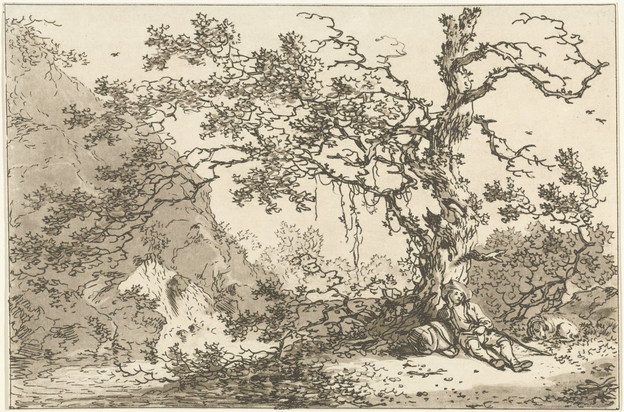 Gezgin bir manzarada köpeğiyle dinleniyor Peyzaj Çizmeyi Öğrenenlerin Kullanımı İçin Hesaplanan On İki Tasarım (seri başlığı) by Hendrik Meijer
