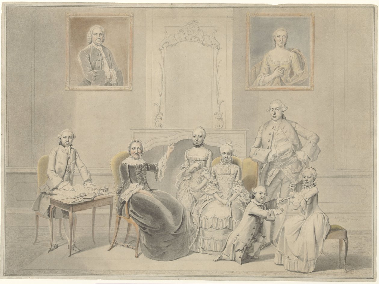 Portreleri duvara asılan Pieter Cornelis Hasselaer ve Clara Wendela Sautijn'in çocukları, büyükanneleri Wendela Eleonora Reael ile birlikte. by Hendrik Pothoven