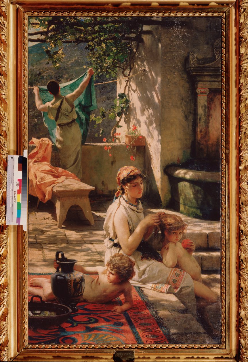 Kuyuda. (Bir kadın çocuğunun saçını yapar, diğeri çamaşır asar). Henryk Siemiradzki