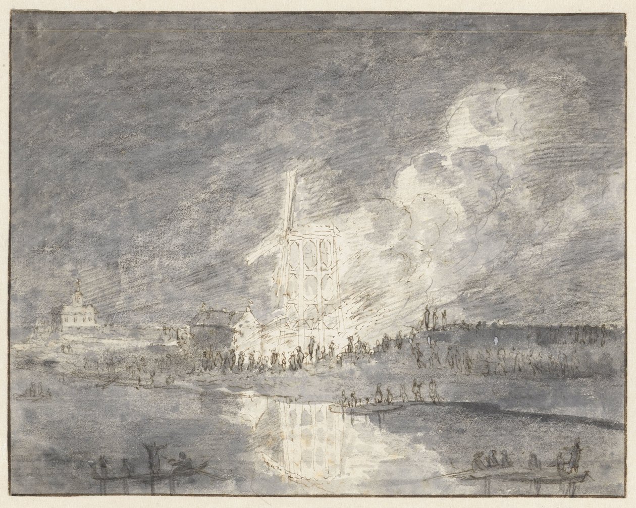 Muiderdijk'te bir değirmende yangın, yaklaşık 1710 by Hendrik Spilman