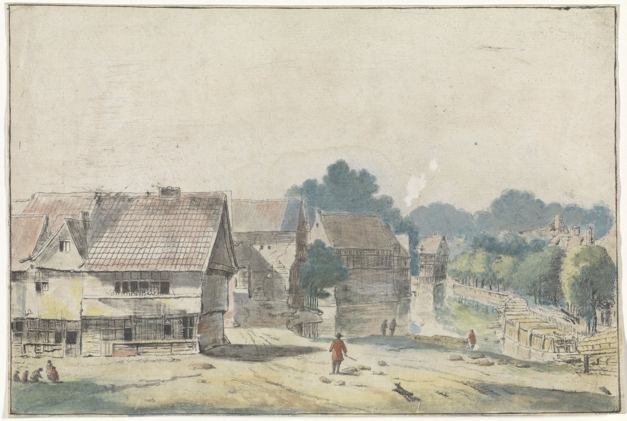 Yarı ahşap evleri olan bir köy manzarası by Hendrik Spilman