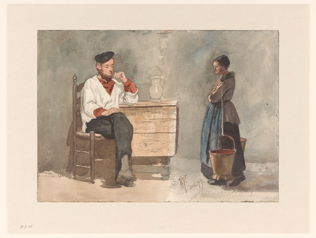 Sigara içen denizci, boyunduruğu ve süt kovaları olan kadın by Hendrik Valkenburg