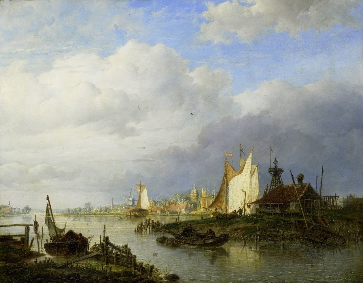 Işık Feneri Olan Bir Nehir Üzerindeki Tekneler by Hendrik Vettewinkel