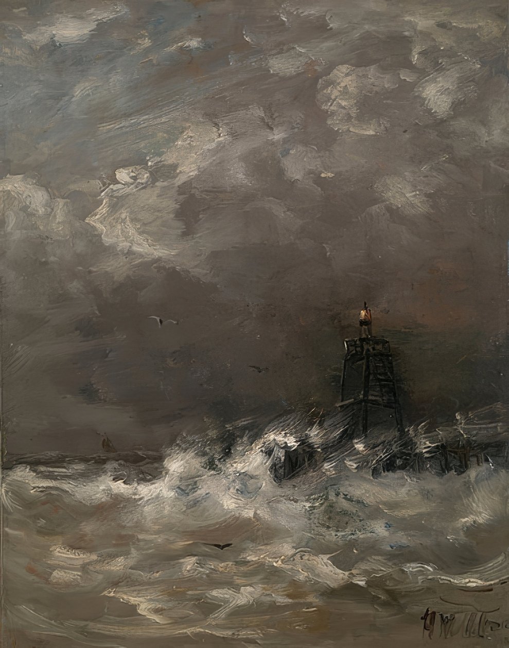 Kırılan dalgalarda deniz feneri. 1900-07 civarı by Hendrik Willem Mesdag