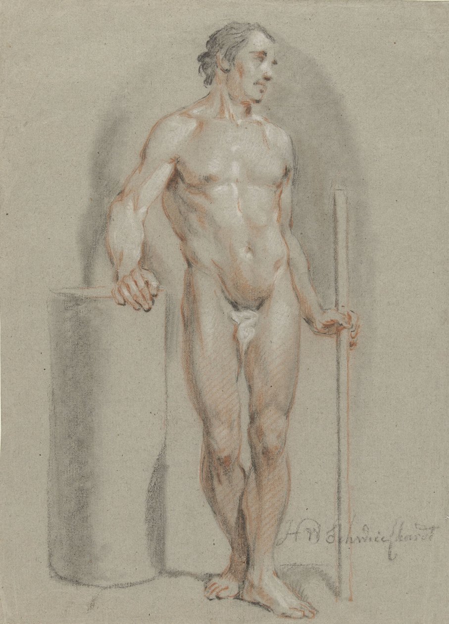 Çıplak erkek, elinde sopayla, stüdyo silindirine yaslanmış. by Hendrik Willem Schweickhardt
