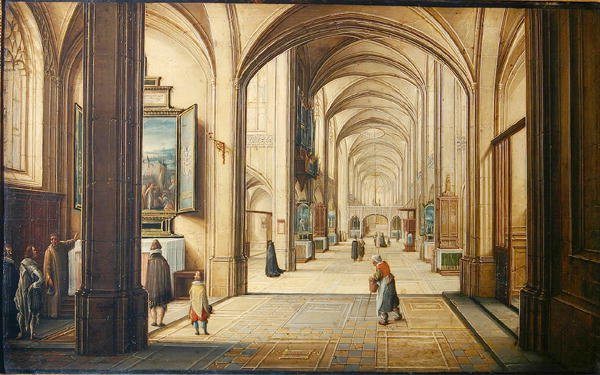 Ziyaretçilere bir tablo gösteren bir sacristan ile kilise iç, 1608 (kart üzerinde yağlı boya) by Hendrik the Younger Steenwyck
