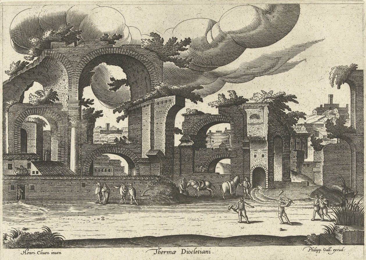 Ön planda kroket oynayan iki adam ile yandan Diocletianus Hamamı kalıntıları, 1585. by Hendrik van Cleve III