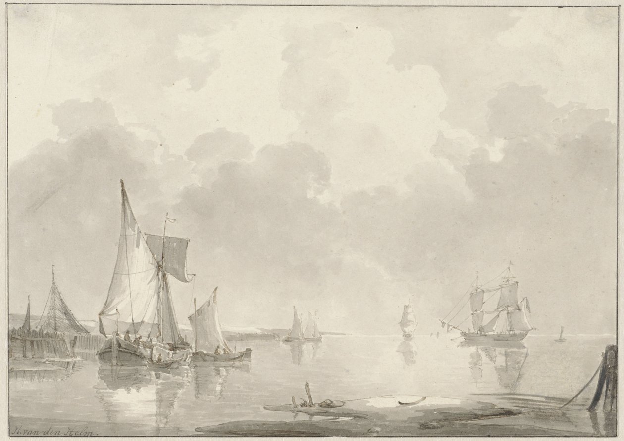 Durgun suda gemilerle sahil manzarası by Hendrik van den Helm