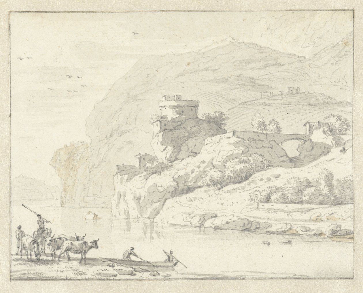 Çobanları ve Sığırları ile İtalyan Dağ Manzarası ve Nehri Geçen Bir Teknede İki Figür by Hendrik van der Straaten (attributed to)