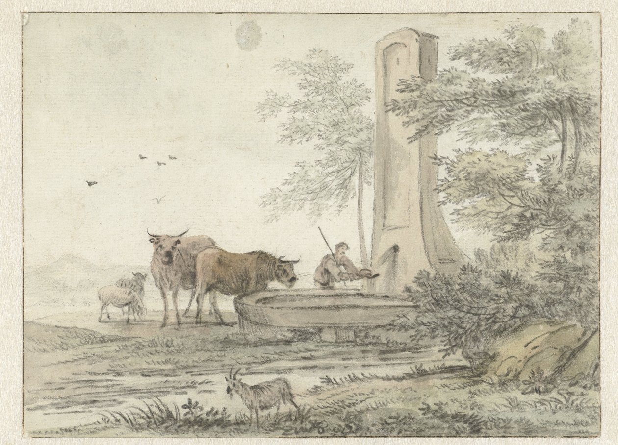 Bir Çeşmede Çoban ve Sığırları ve Koyunları ile İtalyan Manzarası by Hendrik van der Straaten
