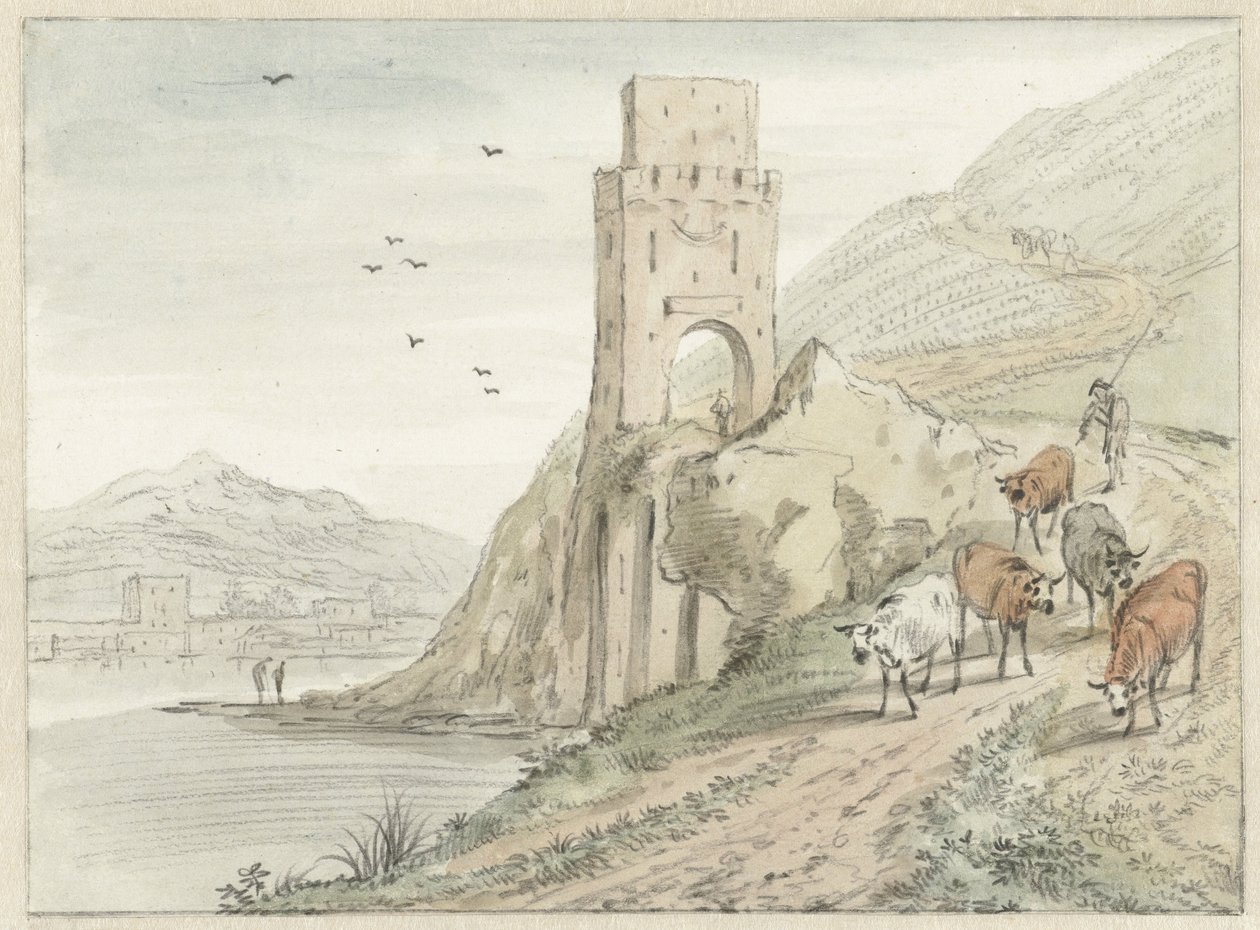 Dağlar ve Kapı Kulesi ile İtalyan Nehir Manzarası by Hendrik van der Straaten