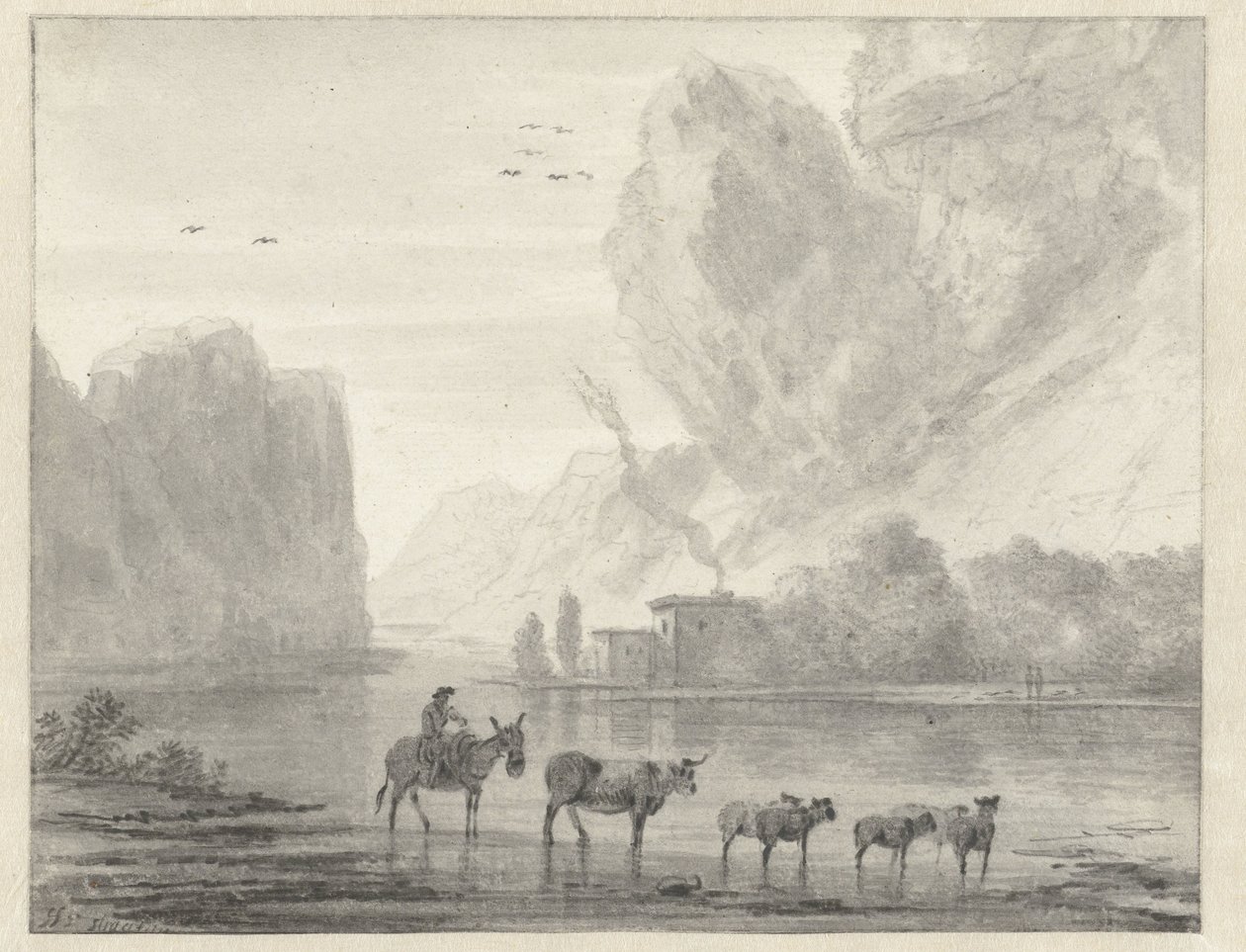 Sığırları ve Koyunlarıyla Bir Çobanla Kayalık Nehir Manzarası by Hendrik van der Straaten