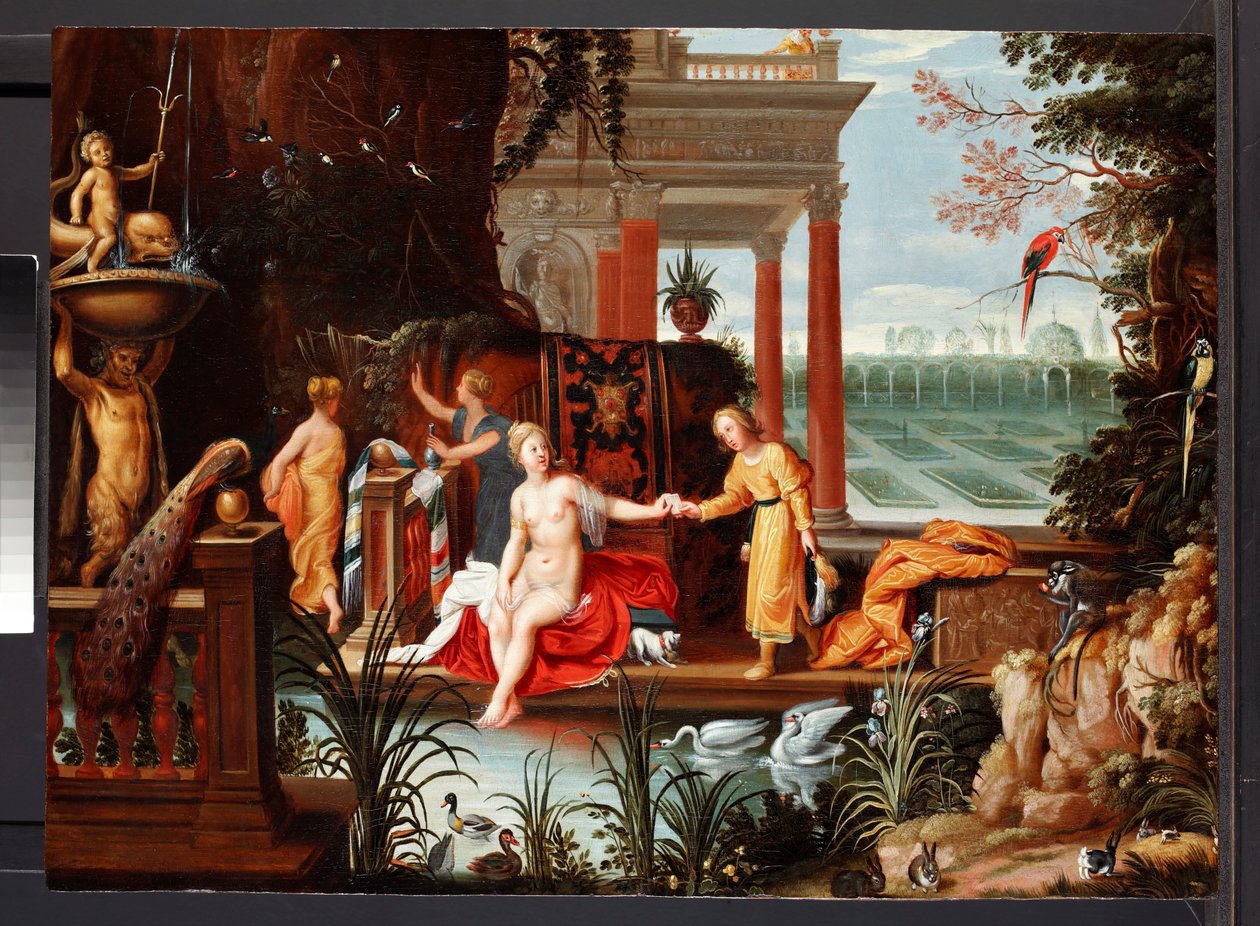 Refakatçileriyle Havuzda Bathsheba, c.1600-42 (panelde yağlı boya) by Hendrik van the Elder (circle of) Balen