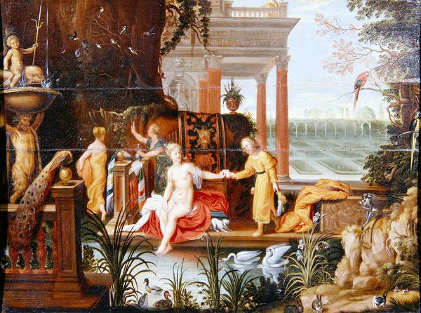 Bathsheba, hizmetçileriyle birlikte havuz başında (panelde yağlı boya) by Hendrik van the Elder Balen