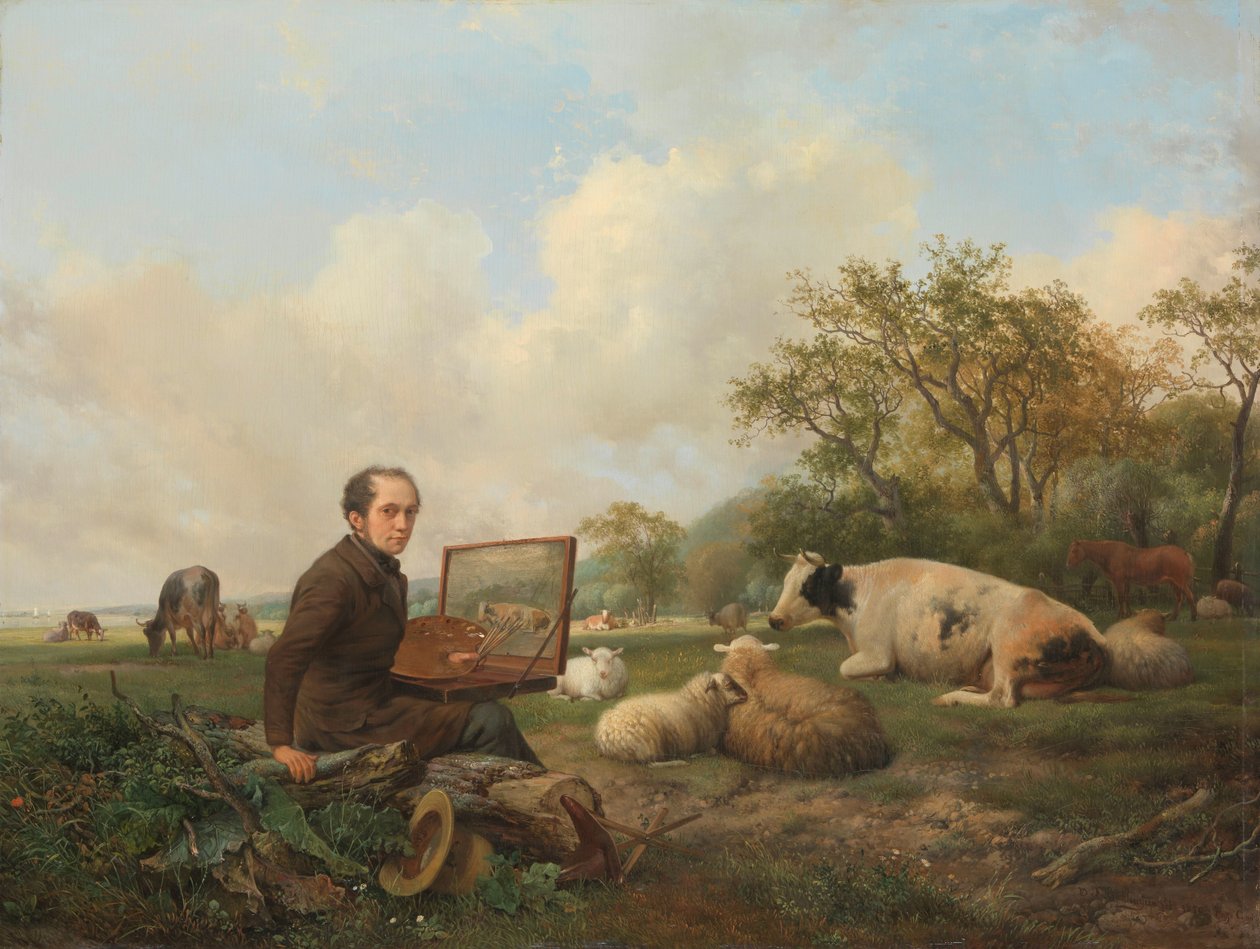 Çayırda İnek Resmi Yapan Sanatçı by Hendrikus van de Sande Bakhuyzen (signed by artist)