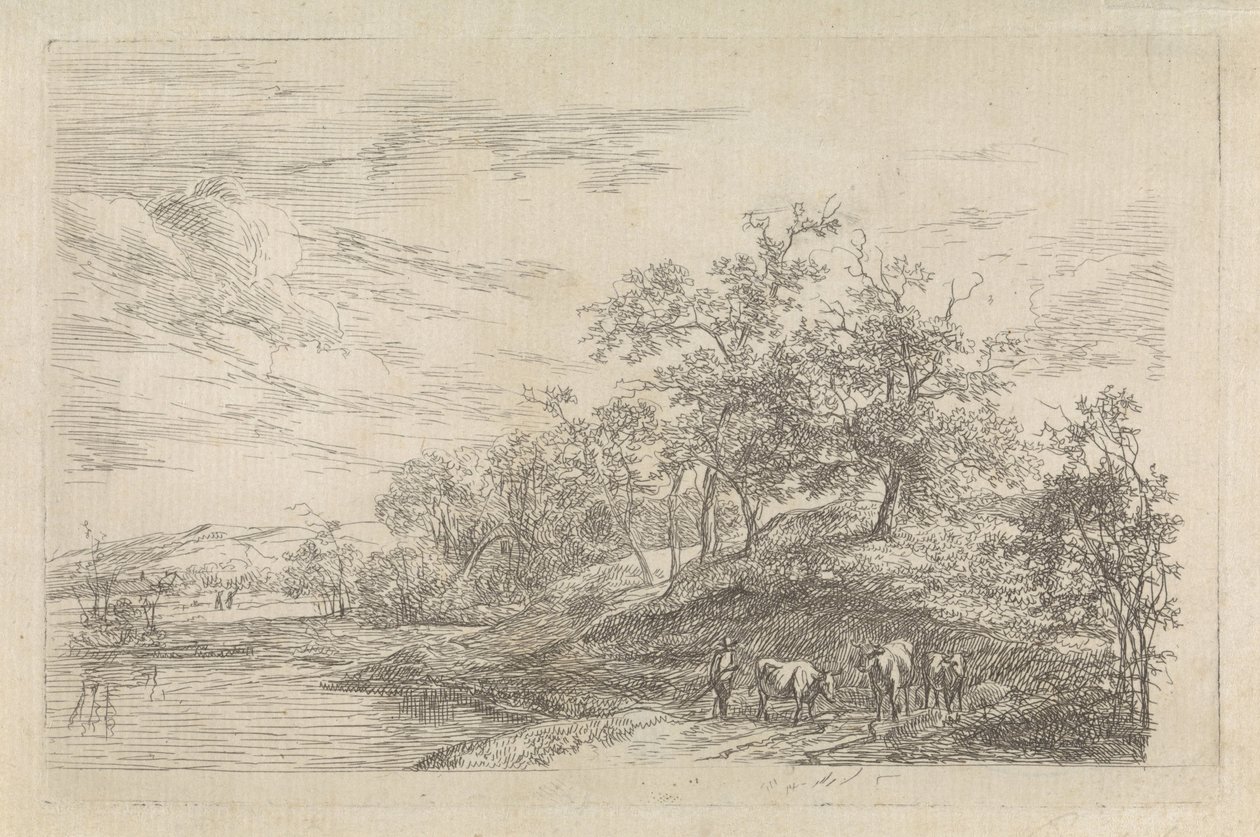 İnekler ile bir çoban ile tepelik manzara by Hendrikus van de Sande Bakhuyzen