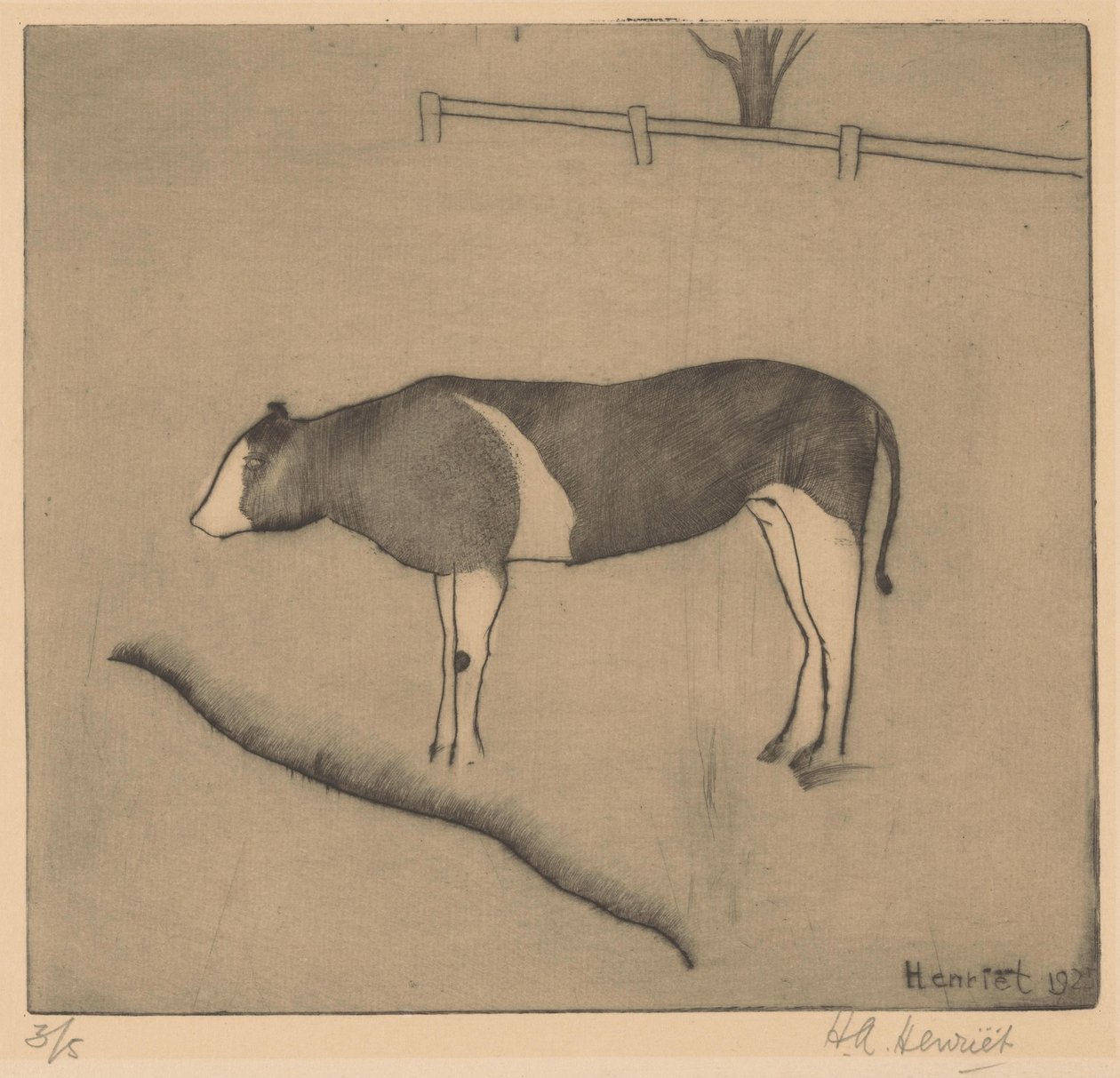 Bir bankanın yanında duran inek by Henk Henriët (signed by artist)