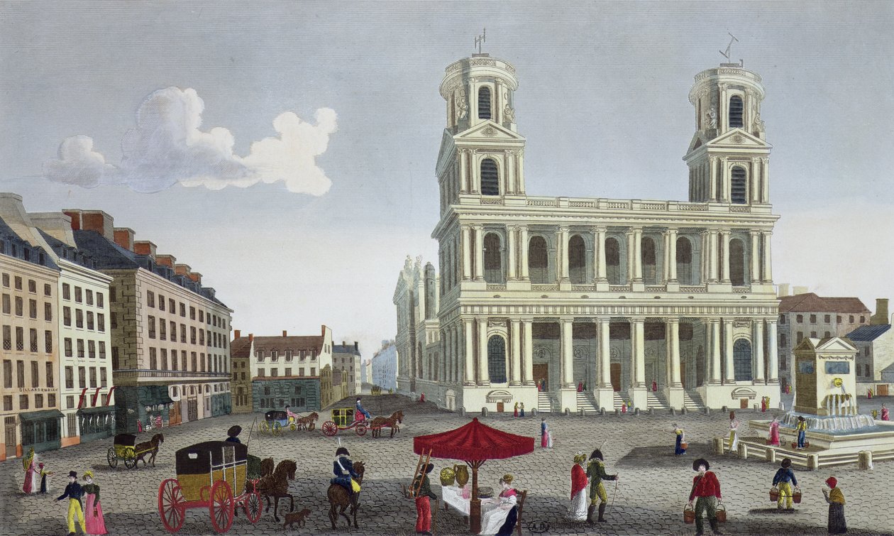 The Place Saint Sulpice, c.1815-20 (renkli gravür) by Henri Courvoisier Voisin