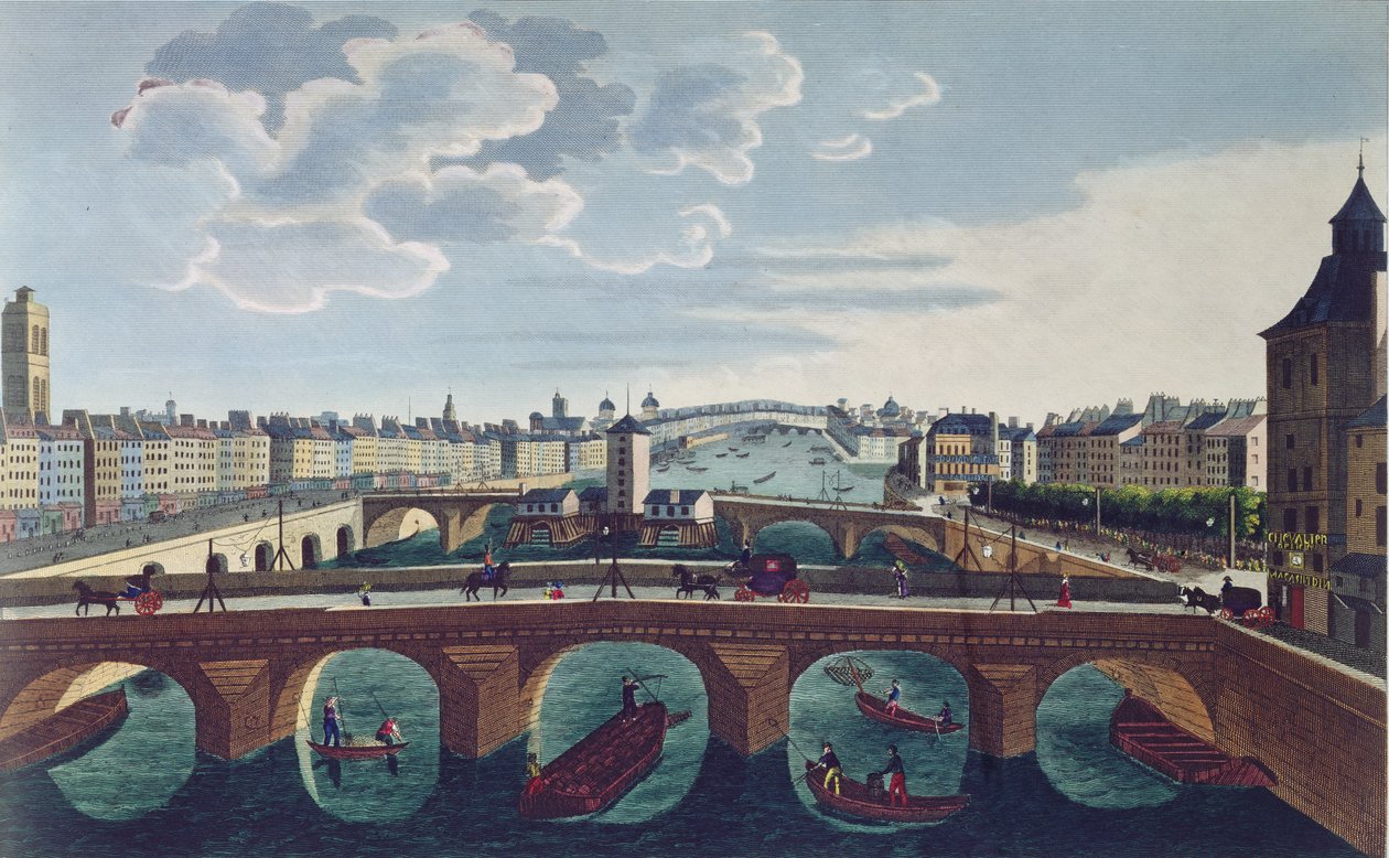 Pont au Change ve Pont Notre Dame, c.1815-20 (renkli gravür) by Henri Courvoisier Voisin