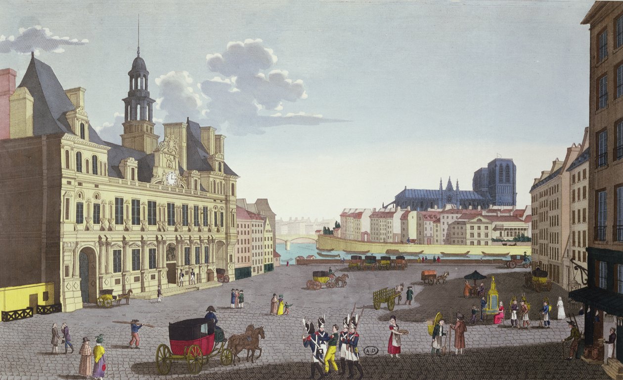 Guiguet tarafından oyulmuş Rue du Mouton'dan görüldüğü gibi Place de l'Hotel de Ville'in görünümü, c.1815-20 by Henri Courvoisier Voisin