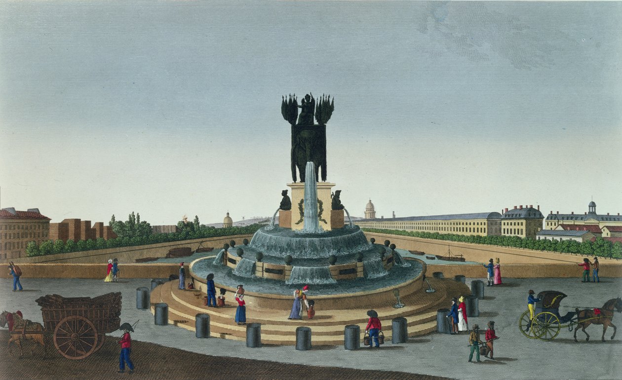 Place de la Bastille'deki Fil Çeşmesi, 1815-20 dolayları (renkli gravür) by Henri Courvoisier Voisin