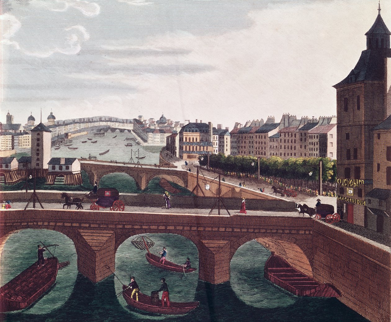 Pont au Change ve Pont Notre Dame, c.1815-20 220485 renkli gravür detayı by Henri Courvoisier Voisin