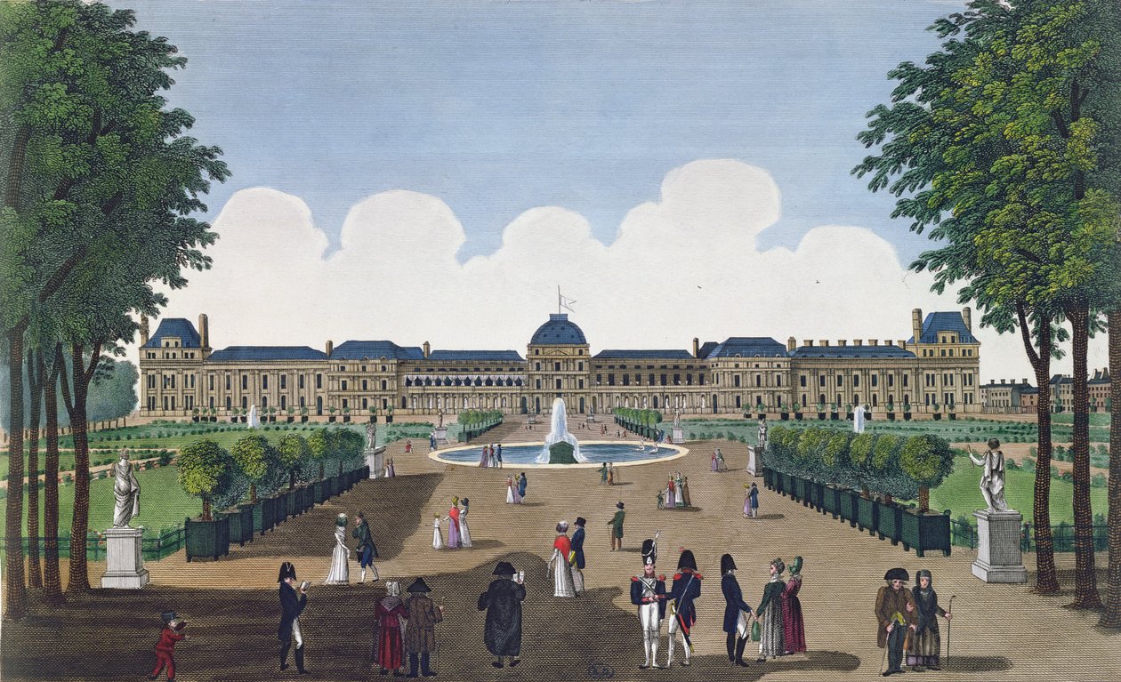 Tuileries ve Tuileries Bahçeleri, c.1815-20 (renkli gravür) by Henri Courvoisier Voisin