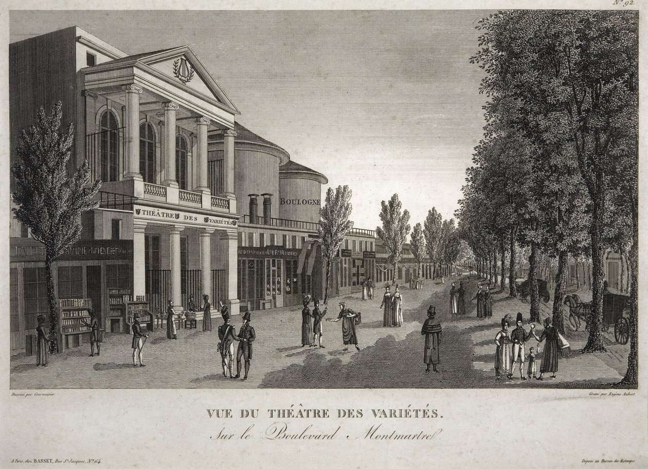 Theatre des Varietes, Boulevard Montmartre, Paris, Eugene Aubert (1789-1847) tarafından oyulmuş, c.1810 by Henri Courvoisier Voisin