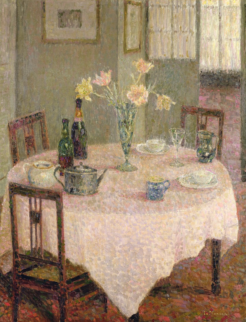 Pembe Masa Örtüsü ile İç Mekan by Henri Eugene Augustin Le Sidaner
