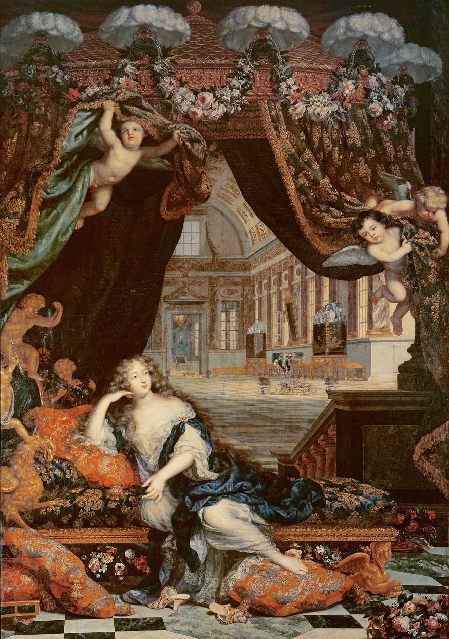 Chateau de Clagny galerisinin önünde uzanmış Madam de Montespan (1640-1707) portresi by Henri Gascard