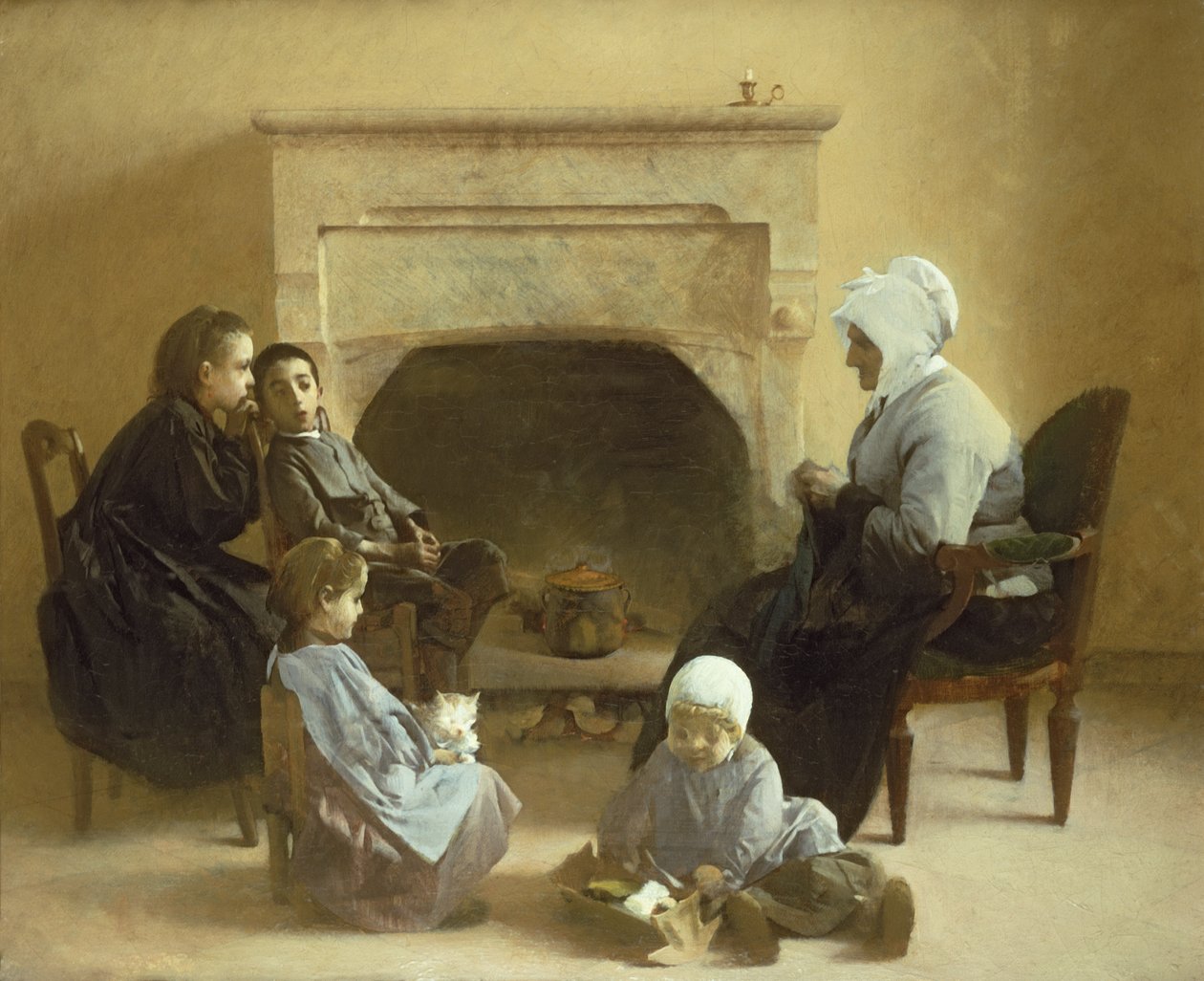 Bir ocağın etrafında oturan aile by Henri Jules Jean Geoffroy